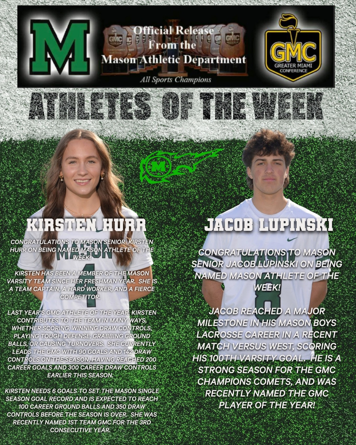 THIS WEEK’S MASON ATHLETES OF THE WEEK ARE SENIOR KIRSTEN HURR AND SENIOR JACOB LUPINSKI!